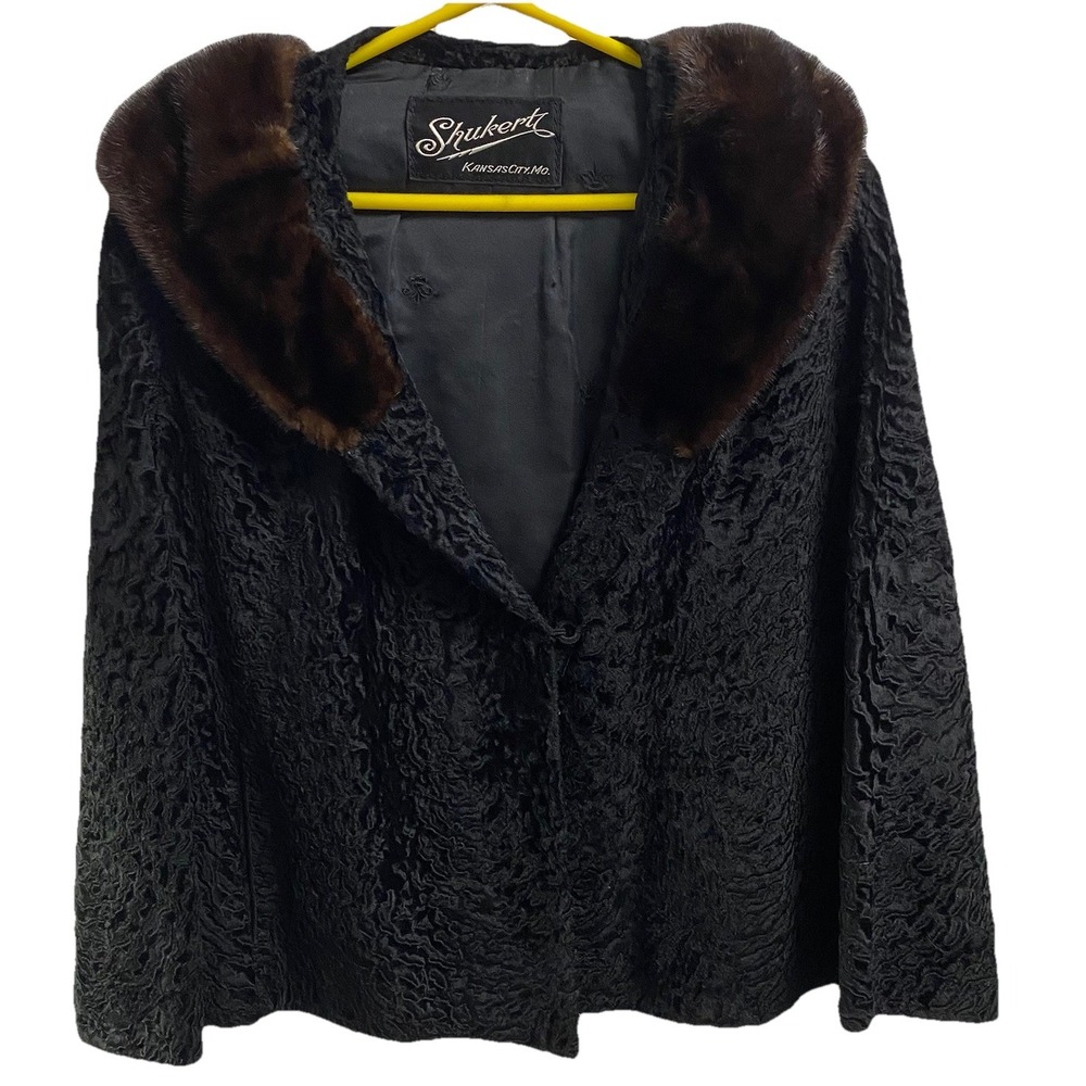 Shukertz Vintage Women's  Persian Lamb Fur Coat‎ W/Mink Collar Black Sz.L-XL